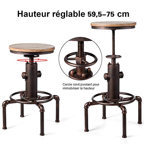 Costway-Tabouret-de-Bar-Industriel-Vintage-en-Bois-de-Pin-et-en-Fer-Hauteur-Rglable-Entre-595-75CM-Charge-Max-150-KG-avec-Repose-Pied-et-Sige-Rond--360-0-2
