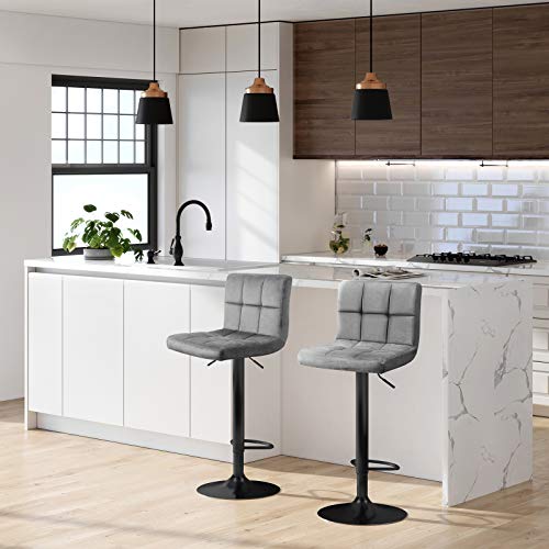 SONGMICS-Lot-de-2-tabourets-de-Bar-avec-Surface-en-Velours-Hauteur-rglable-Chaise-de-Cuisine-pivotante-avec-Dossier-et-Repose-Pieds-Gris-Clair-0-0