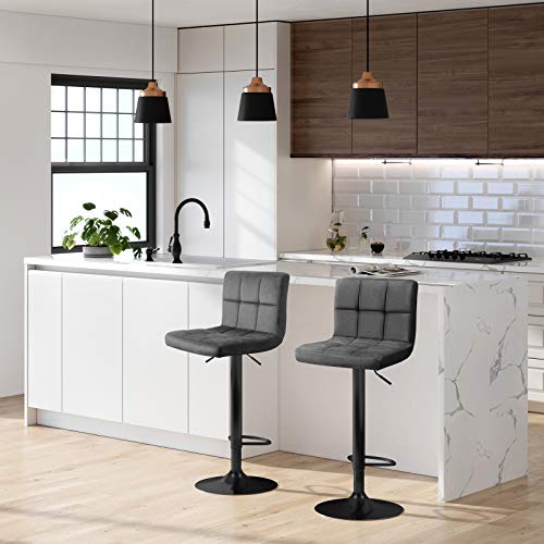 SONGMICS-Lot-de-2-tabourets-de-Bar-avec-Surface-en-Velours-Hauteur-rglable-Chaise-de-Cuisine-pivotante-avec-Dossier-et-Repose-Pieds-Gris-fonc-0-0