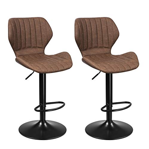 SONGMICS-Lot-de-2-tabourets-de-Cuisine-avec-Structure-en-mtal-Surface-en-Similicuir-Repose-Pieds-Hauteur-rglable-Montage-Facile-Vintage-Marron-fonc-0