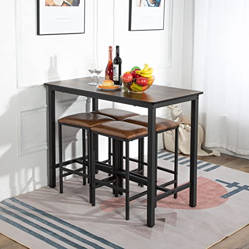 FURNITABLE-Ensemble-table-de-bar-5-pices-avec-4-chaises-rembourres-structure-en-mtal-design-industriel-pour-salle--manger-salon-vintage-et-noir-0-1