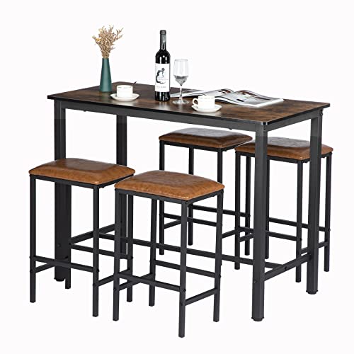FURNITABLE-Ensemble-table-de-bar-5-pices-avec-4-chaises-rembourres-structure-en-mtal-design-industriel-pour-salle--manger-salon-vintage-et-noir-0