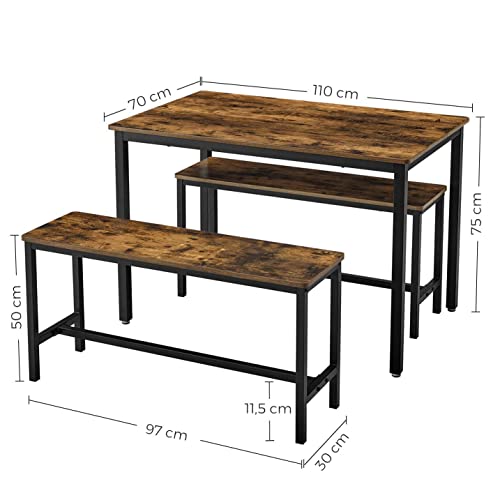 VASAGLE-Ensemble-Table--Manger-et-bancs-Table-de-110-x-70-x-75-cm-2-Bancs-de-97-x-30-x-50-cm-Cadre-en-Acier-pour-Cuisine-Salle--Manger-Salon-Marron-Rustique-et-Noir-KDT070B01-0-0