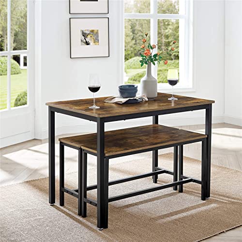 VASAGLE-Ensemble-Table--Manger-et-bancs-Table-de-110-x-70-x-75-cm-2-Bancs-de-97-x-30-x-50-cm-Cadre-en-Acier-pour-Cuisine-Salle--Manger-Salon-Marron-Rustique-et-Noir-KDT070B01-0-2