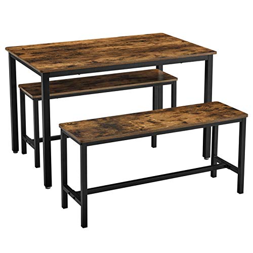 VASAGLE-Ensemble-Table--Manger-et-bancs-Table-de-110-x-70-x-75-cm-2-Bancs-de-97-x-30-x-50-cm-Cadre-en-Acier-pour-Cuisine-Salle--Manger-Salon-Marron-Rustique-et-Noir-KDT070B01-0