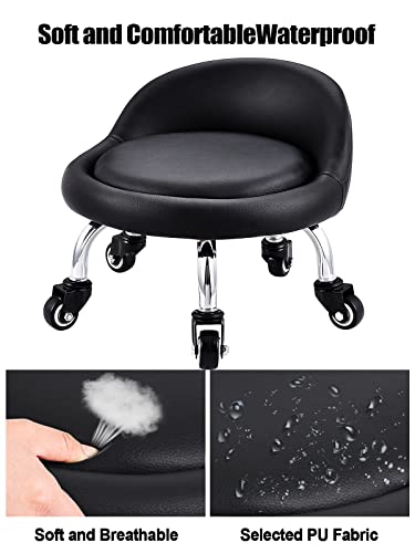 EBANKU-Tabouret-Bas-avec-Roues-Mini-Tabouret--roulettes-Pied-Bas-Dossier-Simili-Cuir-Sige-Faible-Mtal-Pitement-360-Banc-Rond-en-Cuir-avec-5-Roues-pour-Le-Bureau--Domicile-ou-Le-FitnessNoir-0-1