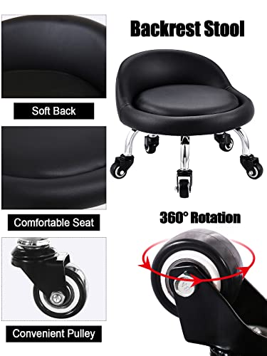 EBANKU-Tabouret-Bas-avec-Roues-Mini-Tabouret--roulettes-Pied-Bas-Dossier-Simili-Cuir-Sige-Faible-Mtal-Pitement-360-Banc-Rond-en-Cuir-avec-5-Roues-pour-Le-Bureau--Domicile-ou-Le-FitnessNoir-0-2