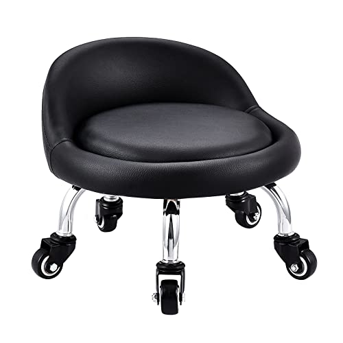 EBANKU-Tabouret-Bas-avec-Roues-Mini-Tabouret--roulettes-Pied-Bas-Dossier-Simili-Cuir-Sige-Faible-Mtal-Pitement-360-Banc-Rond-en-Cuir-avec-5-Roues-pour-Le-Bureau--Domicile-ou-Le-FitnessNoir-0