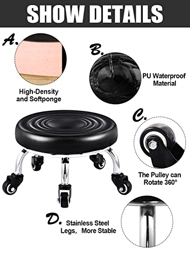 Kalolary-Tabouret-Pivotant--Roulettes-Rglable-Avec-Sige-Rond-Base-en-Mtal-Robuste-Petit-Tabouret-Bas-Cuir-Sur-Roulettes-pour-Salon-Massage-Coiffure-Spa-Thrapie-Tatouage-Sans-Dossier-Noir-0-1