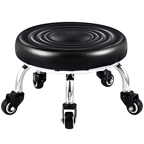 Kalolary-Tabouret-Pivotant--Roulettes-Rglable-Avec-Sige-Rond-Base-en-Mtal-Robuste-Petit-Tabouret-Bas-Cuir-Sur-Roulettes-pour-Salon-Massage-Coiffure-Spa-Thrapie-Tatouage-Sans-Dossier-Noir-0