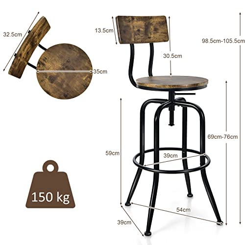 COSTWAY-Lot-de-2-Tabourets-de-BarStyle-IndustrielHauteur-Rglable-de-69--76-CM-avec-Dossier-et-Repose-PiedsCadre-en-Mtal-Tabouret-pour-Pub-Bistrot-0-2