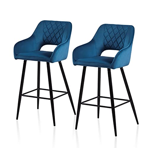 TUKAILAI-Tabourets-de-Bar-en-Velours-avec-sige-rembourr-Doux-accoudoir-Dossier-Ouvert-et-Base-en-mtal-Chaise-Haute-Tabourets-Hauts-Bleus-0