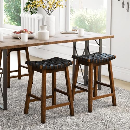GIANTEX-Lot-de-2-Tabourets-de-Bar-65-cm-avec-Siege-en-Cuir-Synthetique-Tresse-Repose-Pieds-Cadre-en-Bois-Massif-Chaise-de-Salle-a-Manger-Moderne-pour-Bistro-Salle-a-Manger-Salon-Charge-150-KG-0-0