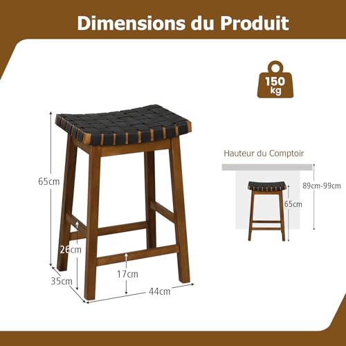 GIANTEX-Lot-de-2-Tabourets-de-Bar-65-cm-avec-Siege-en-Cuir-Synthetique-Tresse-Repose-Pieds-Cadre-en-Bois-Massif-Chaise-de-Salle-a-Manger-Moderne-pour-Bistro-Salle-a-Manger-Salon-Charge-150-KG-0-1