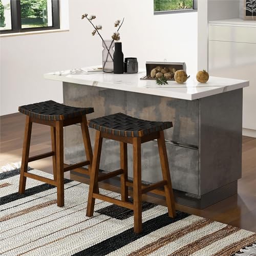 GIANTEX-Lot-de-2-Tabourets-de-Bar-65-cm-avec-Siege-en-Cuir-Synthetique-Tresse-Repose-Pieds-Cadre-en-Bois-Massif-Chaise-de-Salle-a-Manger-Moderne-pour-Bistro-Salle-a-Manger-Salon-Charge-150-KG-0-2