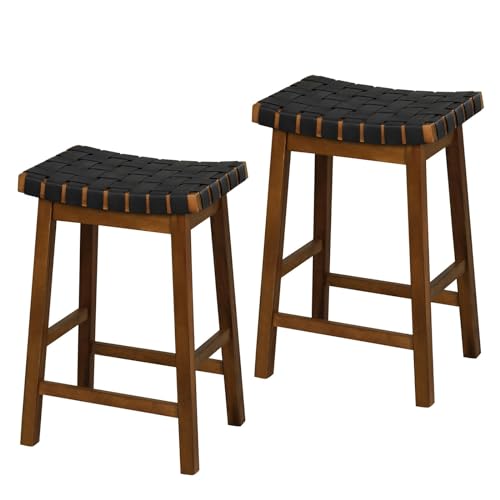 GIANTEX-Lot-de-2-Tabourets-de-Bar-65-cm-avec-Siege-en-Cuir-Synthetique-Tresse-Repose-Pieds-Cadre-en-Bois-Massif-Chaise-de-Salle-a-Manger-Moderne-pour-Bistro-Salle-a-Manger-Salon-Charge-150-KG-0