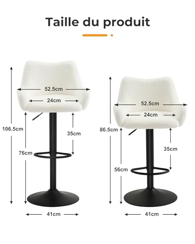KIMENICH-Tabourets-de-Bar-Lot-de-2-Chaise-Haute-Cuisine-Pivotante-avec-Dossier-et-Repose-Pieds-Chaise-en-Bouclette-Chaise-de-Bar-Reglable-en-Hauteur-pour-Salle-a-Manger-Salon-Balcon-0-0