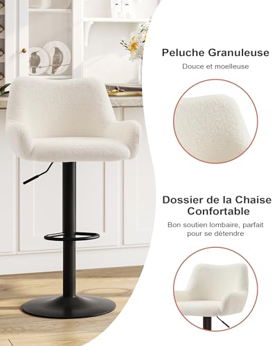 KIMENICH-Tabourets-de-Bar-Lot-de-2-Chaise-Haute-Cuisine-Pivotante-avec-Dossier-et-Repose-Pieds-Chaise-en-Bouclette-Chaise-de-Bar-Reglable-en-Hauteur-pour-Salle-a-Manger-Salon-Balcon-0-1
