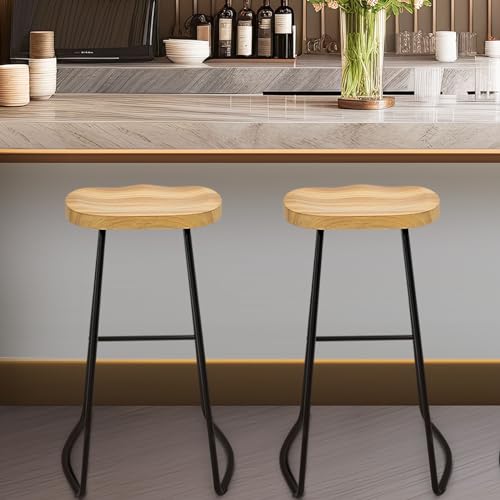 Redlife-Tabourets-de-Bar-Lot-de-2-Tabourets-de-Bar-en-Bois-Tabourets-de-Bar-a-Siege-Selle-avec-Pied-Metallique-Chaises-de-Salle-a-Manger-sans-Dossier-pour-Ilot-de-Cuisine-0-0