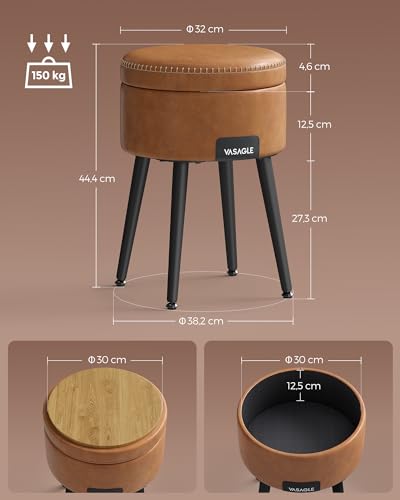 VASAGLE-EKHO-Collection-Pouf-de-Rangement-Tabouret-de-Coiffeuse-PU-avec-Coutures-Moderne-Mi-siecle-Tabouret-de-Rangement-Rond-avec-Pieds-en-Acier-Capacite-150-kg-0-1