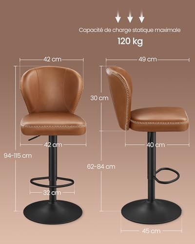 VASAGLE-EKHO-Collection-Tabouret-de-Bar-Pivotant-a-360-Hauteur-Reglable-avec-Dossier-PU-avec-Coutures-Style-Moderne-Mi-siecle-pour-Cuisine-Bar-Montage-Facile-0-1