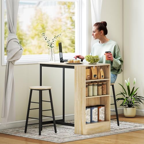 HOMCOM-Ensemble-Table-de-Bar-avec-tabourets-Table-a-Manger-Debout-avec-2-chaises-de-Bar-avec-Compartiments-Ouverts-etagere-reglable-et-Repose-Pieds-pour-pour-Salle-a-Manger-Cuisine-chene-et-Noir-0-0