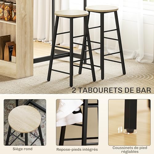 HOMCOM-Ensemble-Table-de-Bar-avec-tabourets-Table-a-Manger-Debout-avec-2-chaises-de-Bar-avec-Compartiments-Ouverts-etagere-reglable-et-Repose-Pieds-pour-pour-Salle-a-Manger-Cuisine-chene-et-Noir-0-2