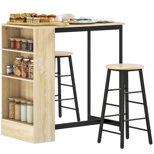 HOMCOM-Ensemble-Table-de-Bar-avec-tabourets-Table-a-Manger-Debout-avec-2-chaises-de-Bar-avec-Compartiments-Ouverts-etagere-reglable-et-Repose-Pieds-pour-pour-Salle-a-Manger-Cuisine-chene-et-Noir-0