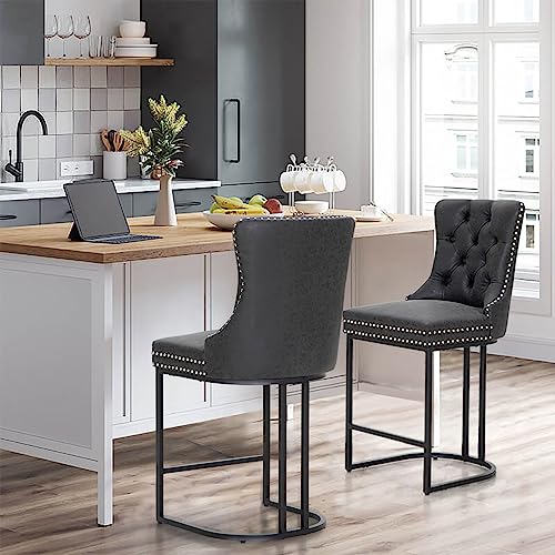 ALPHA-HOME-Lot-de-2-tabourets-de-bar-modernes-de-66-cm-de-hauteur-de-comptoir-en-cuir-synthetique-avec-dossier-boutonne-et-bordure-en-rivets-rembourres-avec-pieds-en-metal-robustes-Noir-0-1