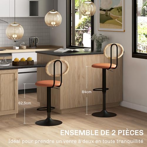 HOMCOM-Lot-de-2-tabourets-de-Bar-chaises-de-Bar-Hauteur-reglable-avec-Dossier-en-rotin-et-Repose-Pieds-Tabouret-Haut-Moderne-Structure-Bois-revetement-synthetique-Marron-0-2