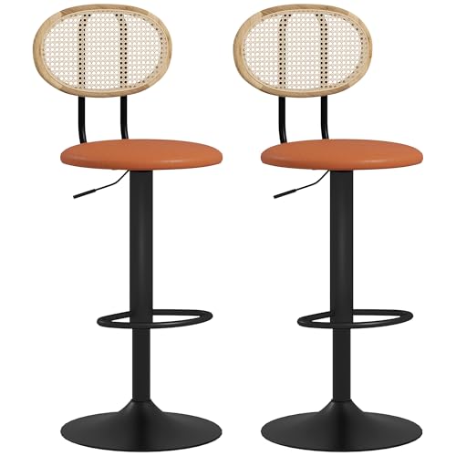 HOMCOM-Lot-de-2-tabourets-de-Bar-chaises-de-Bar-Hauteur-reglable-avec-Dossier-en-rotin-et-Repose-Pieds-Tabouret-Haut-Moderne-Structure-Bois-revetement-synthetique-Marron-0