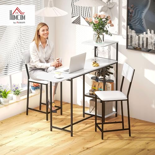HOMCOM-Ensemble-Table-de-Bar-avec-tabourets-Table-a-Manger-Debout-avec-2-chaises-de-Bar-abattant-Pliant-casiers-a-vin-Porte-Verres-etageres-Ouvertes-et-Repose-Pieds-Effet-marbre-Blanc-0-0