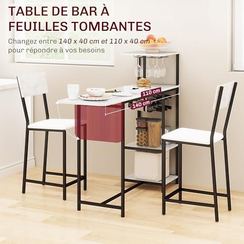 HOMCOM-Ensemble-Table-de-Bar-avec-tabourets-Table-a-Manger-Debout-avec-2-chaises-de-Bar-abattant-Pliant-casiers-a-vin-Porte-Verres-etageres-Ouvertes-et-Repose-Pieds-Effet-marbre-Blanc-0-1