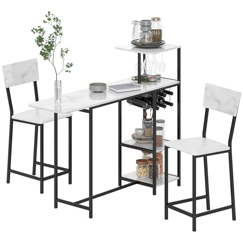 HOMCOM-Ensemble-Table-de-Bar-avec-tabourets-Table-a-Manger-Debout-avec-2-chaises-de-Bar-abattant-Pliant-casiers-a-vin-Porte-Verres-etageres-Ouvertes-et-Repose-Pieds-Effet-marbre-Blanc-0