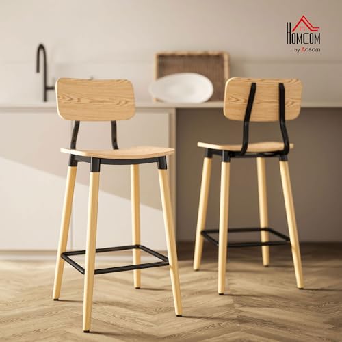 HOMCOM-Lot-de-2-tabourets-de-Bar-chaises-de-Bar-Structure-en-Acier-Chaise-Haute-Cuisine-avec-Dossier-Hauteur-reglable-et-Repose-Pieds-Pieds-en-Acier-Hauteur-du-94-cm-Effet-Bois-Naturel-0-0