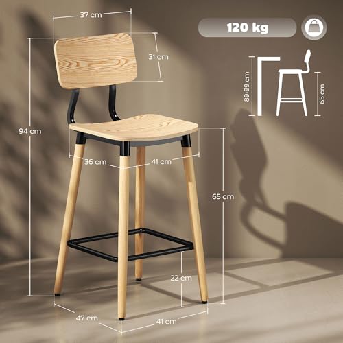 HOMCOM-Lot-de-2-tabourets-de-Bar-chaises-de-Bar-Structure-en-Acier-Chaise-Haute-Cuisine-avec-Dossier-Hauteur-reglable-et-Repose-Pieds-Pieds-en-Acier-Hauteur-du-94-cm-Effet-Bois-Naturel-0-1
