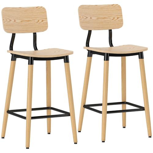 HOMCOM-Lot-de-2-tabourets-de-Bar-chaises-de-Bar-Structure-en-Acier-Chaise-Haute-Cuisine-avec-Dossier-Hauteur-reglable-et-Repose-Pieds-Pieds-en-Acier-Hauteur-du-94-cm-Effet-Bois-Naturel-0