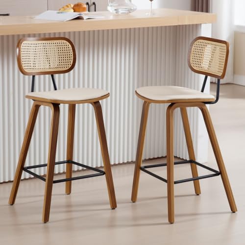 Ya-Home-Chaise-de-Bar-en-Rotin-Lot-de-2-Tabourets-de-Bar-Bois-Metal-Coussin-en-Cuir-PU-Chaise-Haute-Bar-Pied-Metal-pour-Comptoir-0