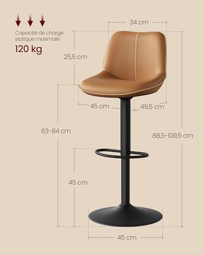 VASAGLE-Lot-de-2-Tabourets-de-Bar-Pivotants-Reglables-en-Hauteur-Dossier-Ergonomique-Base-Metallique-Modernes-pour-Ilot-de-Cuisine-Bar-0-0
